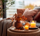Cozy autumn interior decor arrangement, warm fall home decoration composition, dried flowers in vase