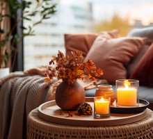 Cozy autumn interior decor arrangement, warm fall home decoration composition, dried flowers in vase
