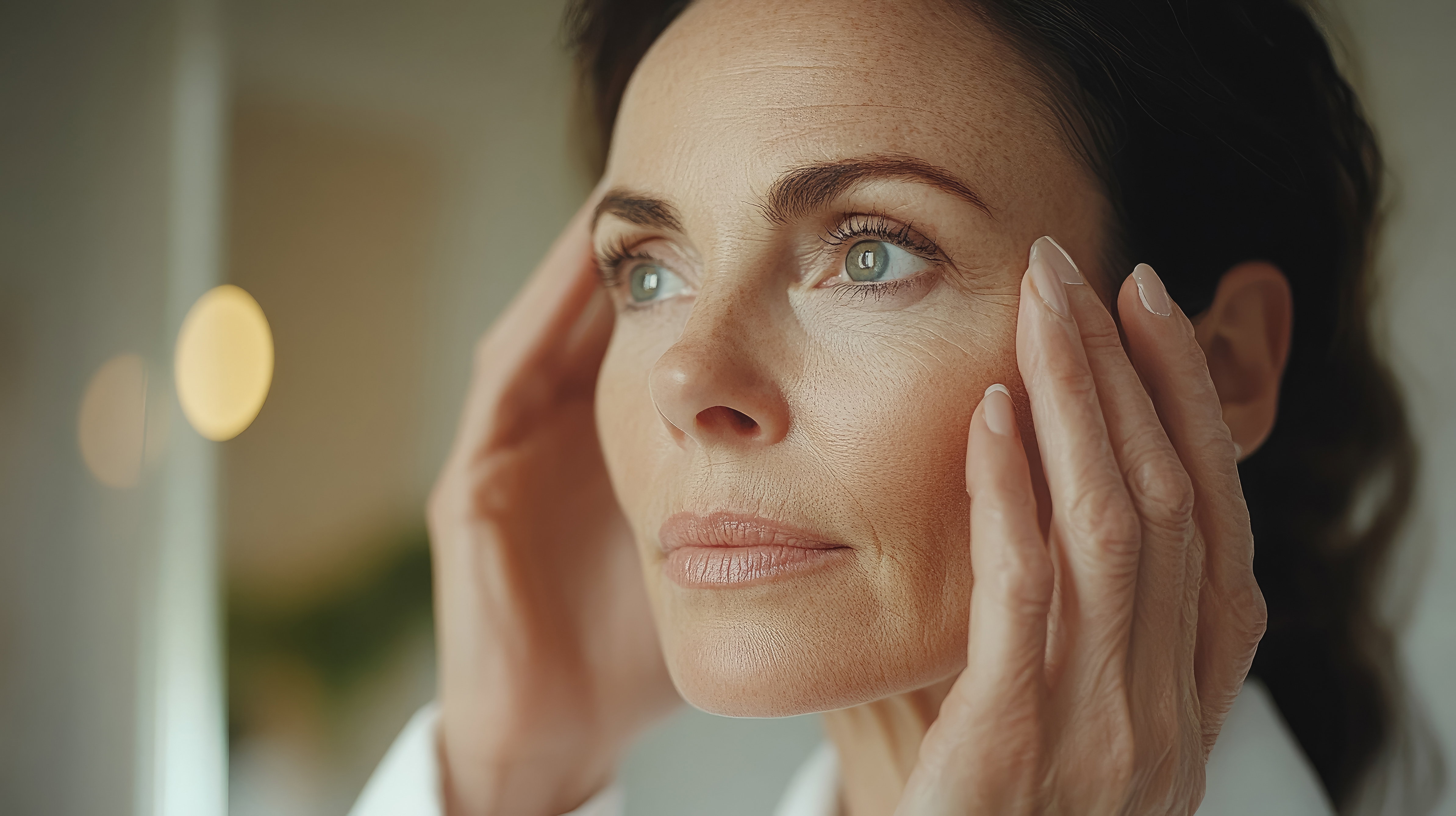 middle aged european woman looking in mirror at her wrinkles on face, touching face with hand, age related changes, mature skin, skin care, mature lady, anti-aging cosmetology, senior person