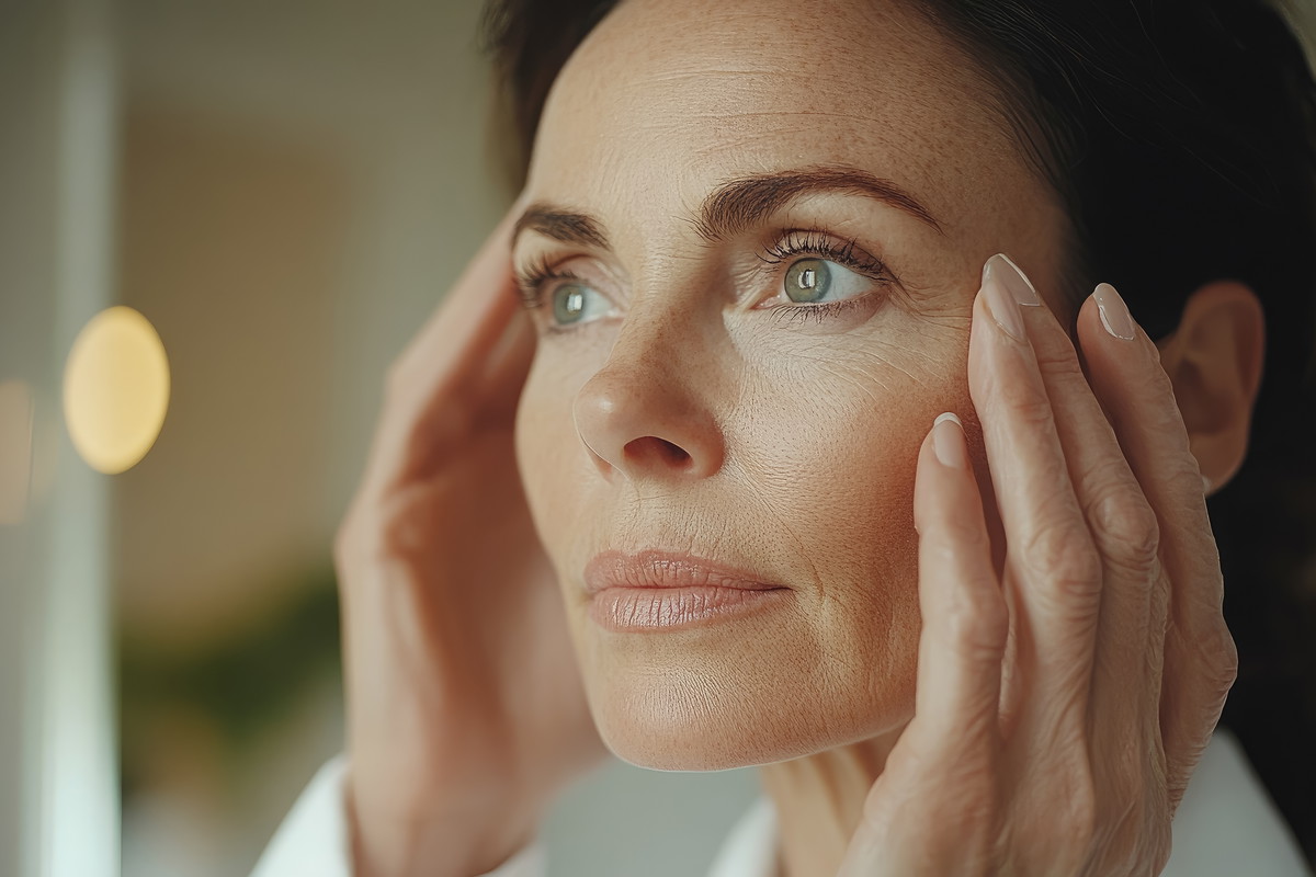 middle aged european woman looking in mirror at her wrinkles on face, touching face with hand, age related changes, mature skin, skin care, mature lady, anti-aging cosmetology, senior person