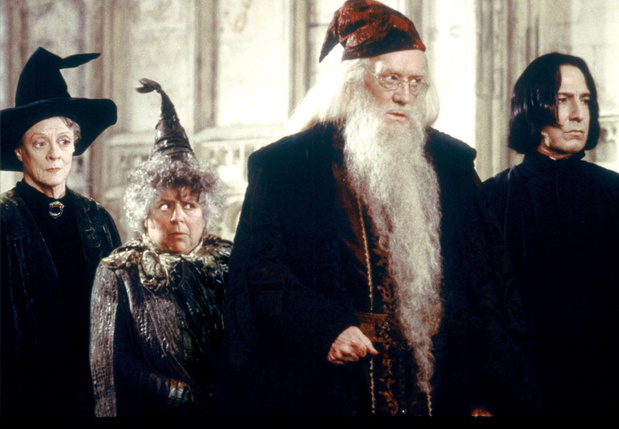 File photo dated 26/10/02 of Maggie Smith, Miriam Margolyes, Richard Harris and Alan Rickman star as Minerva MacGonagall, Professer Sprout, Albus Dumbledore and Severus Snape in the fantasy movie 'Harry Potter and the Chamber of Secrets'. Dame Maggie Smit
