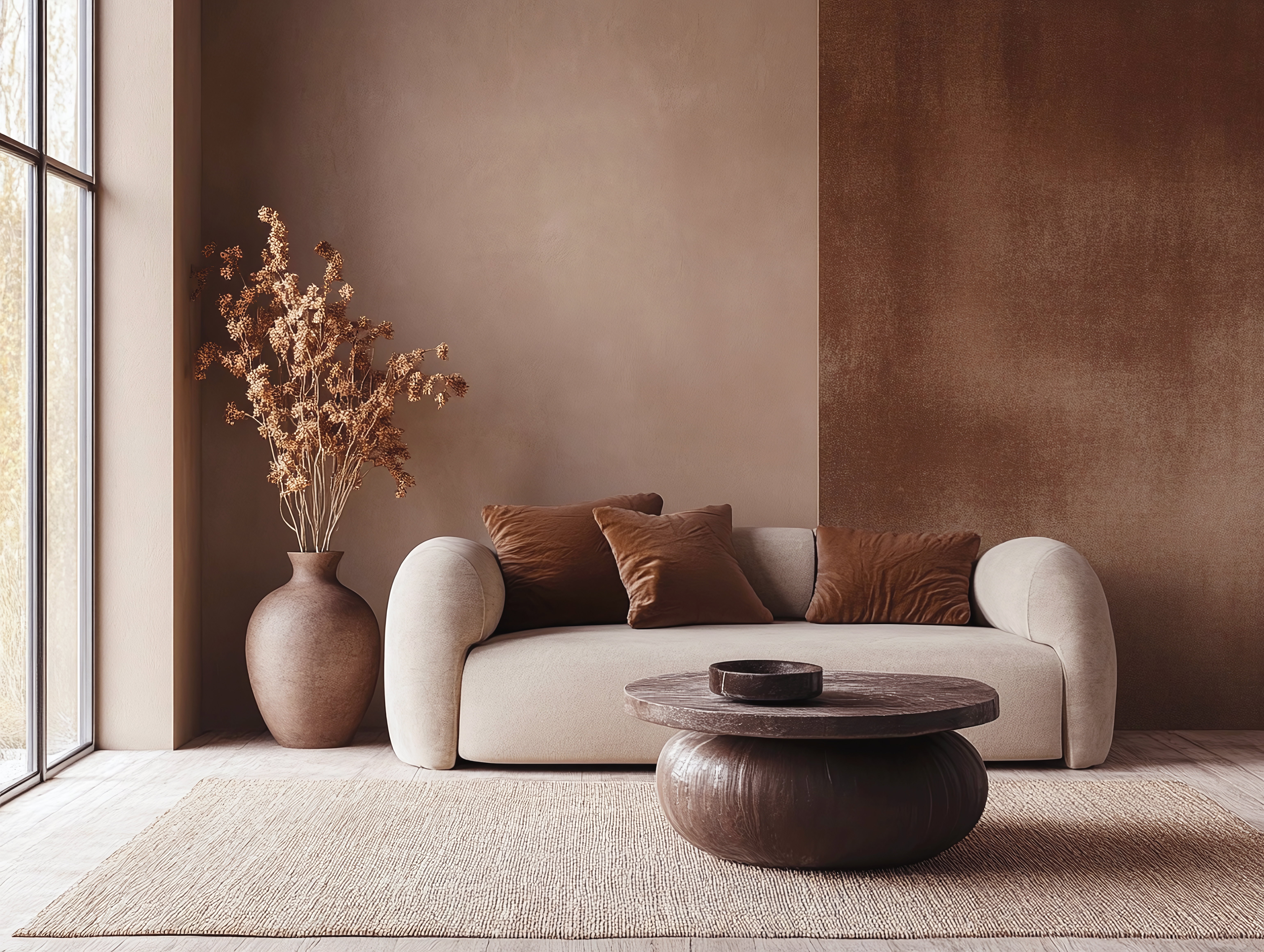 Mocha mousse interior design in trend color of palette 2025 year. Sofa with brown chocolate pillows. AI