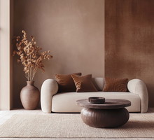 Mocha mousse interior design in trend color of palette 2025 year. Sofa with brown chocolate pillows. AI