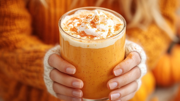Woman holding glass of tasty pumpkin spice latte