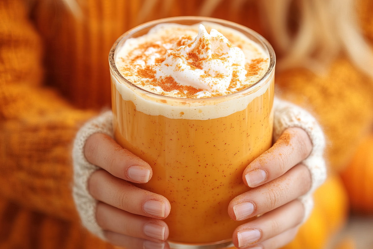 Woman holding glass of tasty pumpkin spice latte