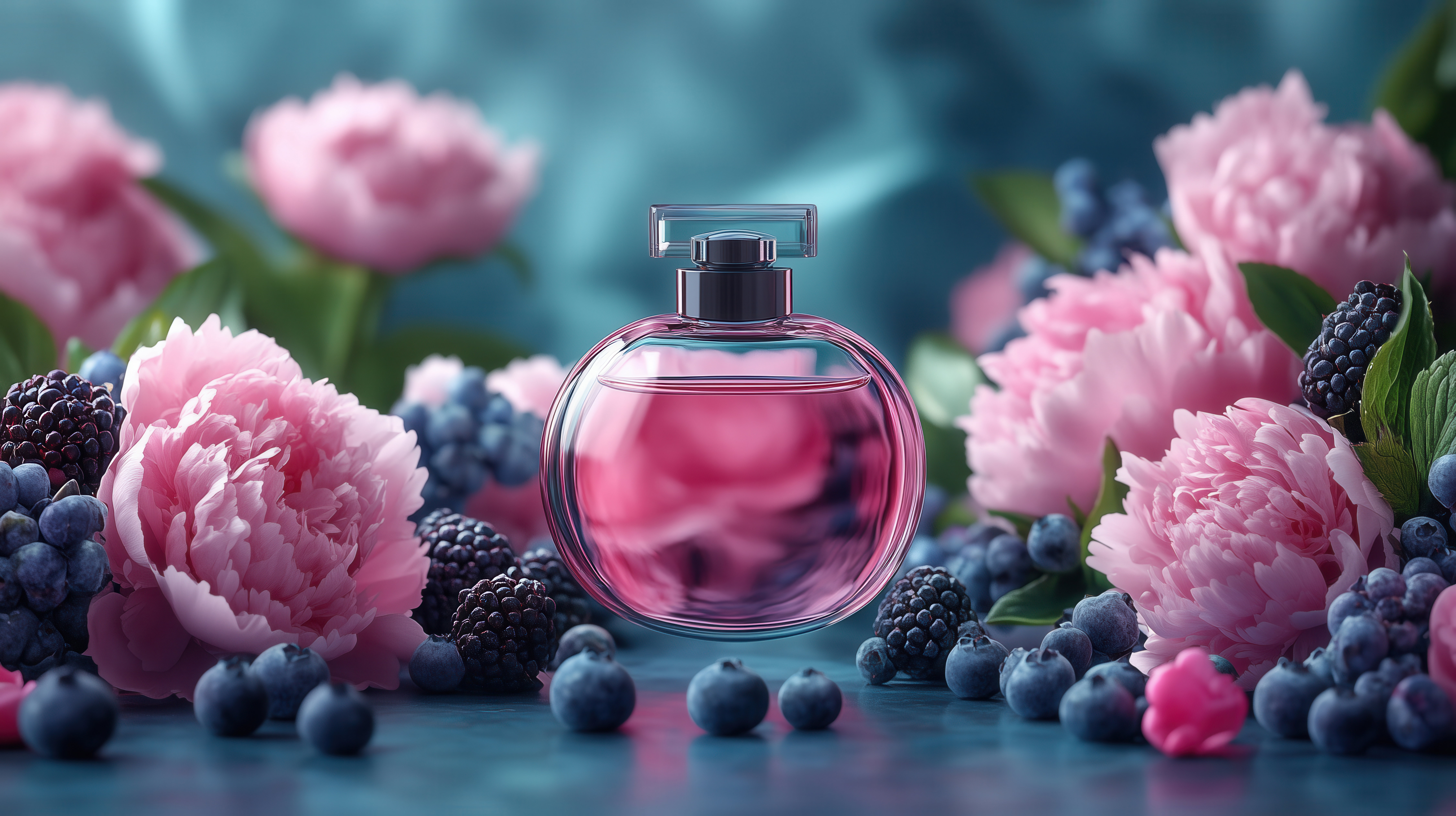 A bottle of eau de toilette surrounded by peonies and blueberries and blackberries