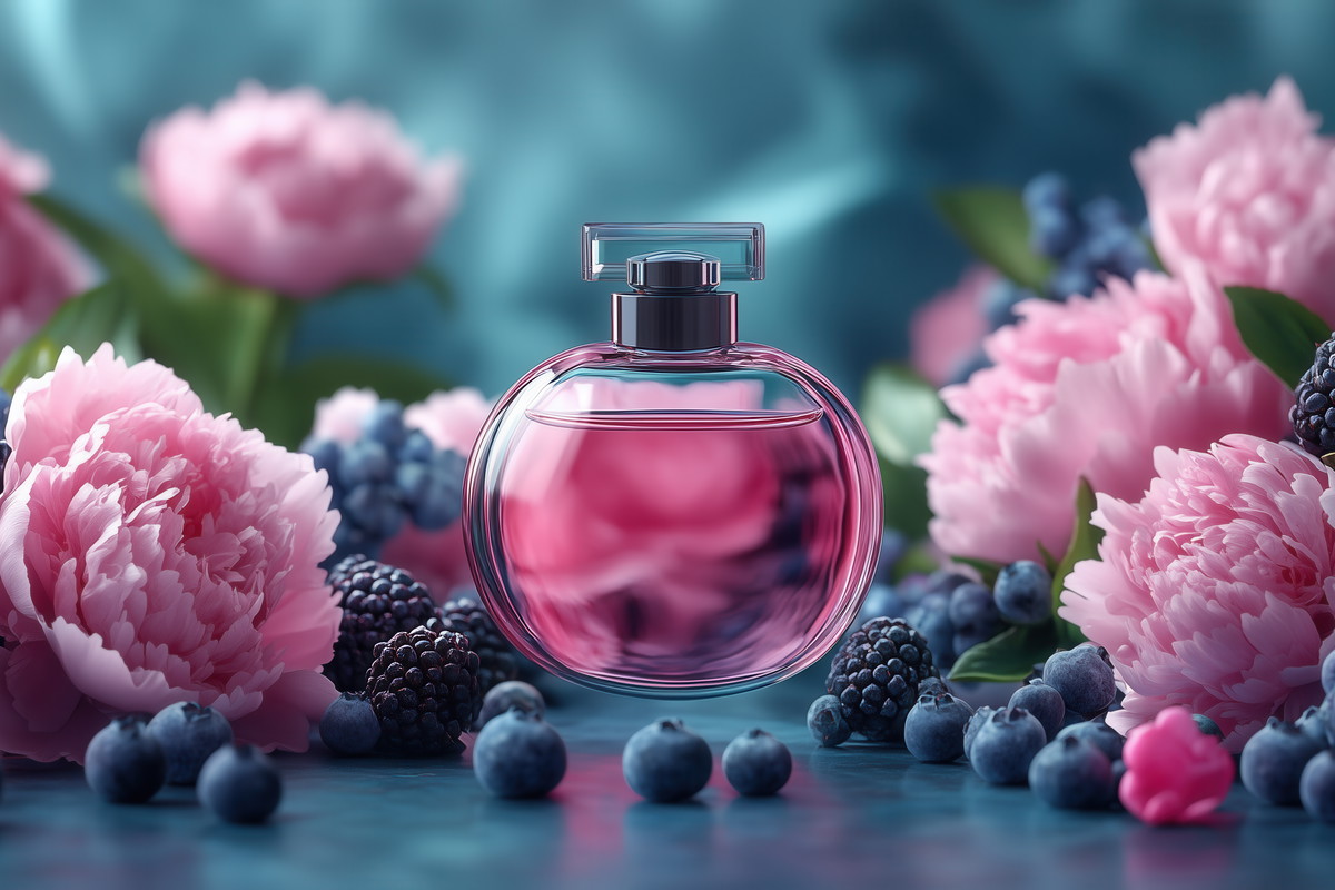 A bottle of eau de toilette surrounded by peonies and blueberries and blackberries