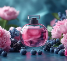 A bottle of eau de toilette surrounded by peonies and blueberries and blackberries