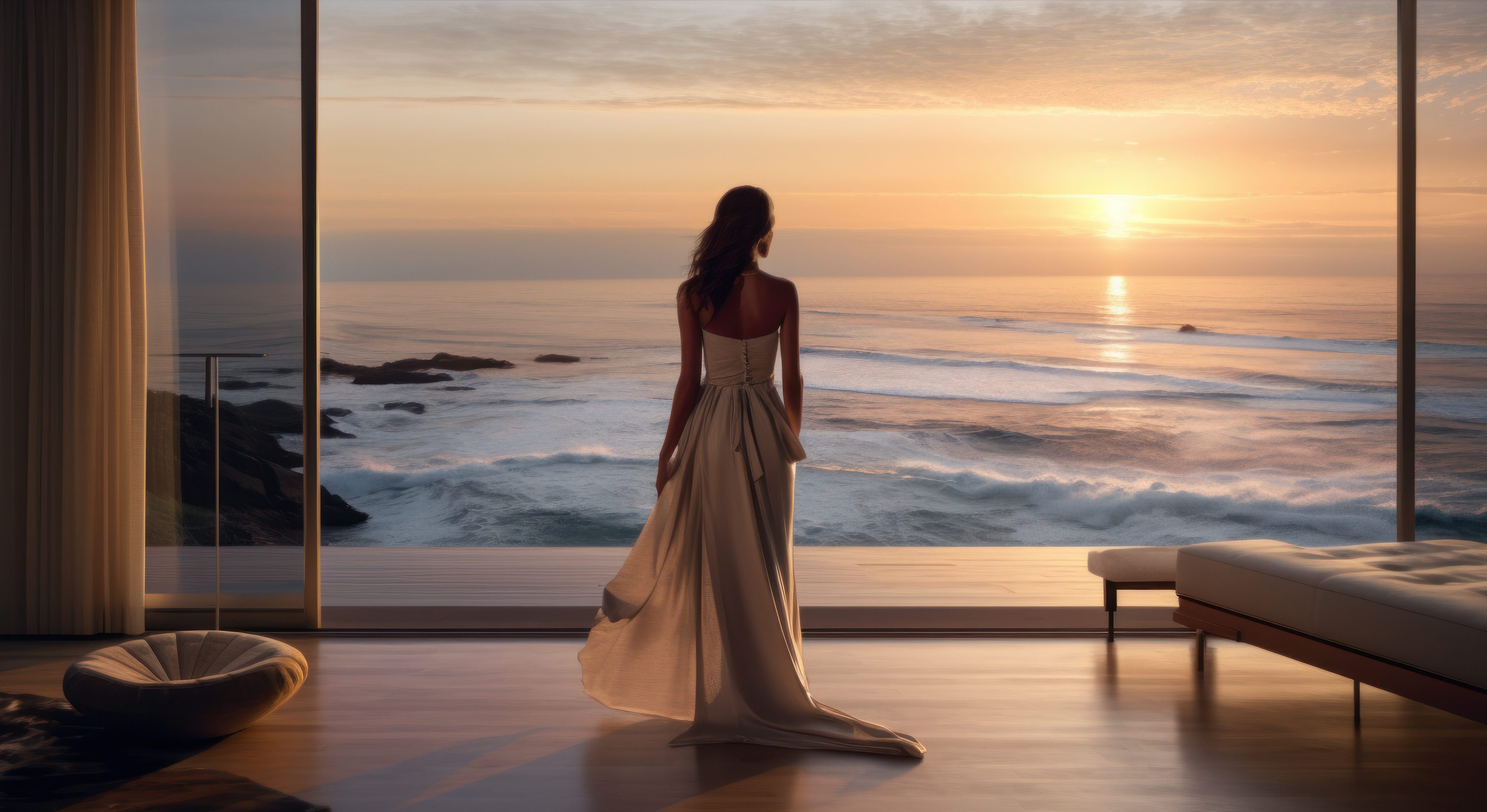 Young woman in an elegant dress in a modern living room overlooking the ocean. Concept of relaxation, enjoyment or freedom.