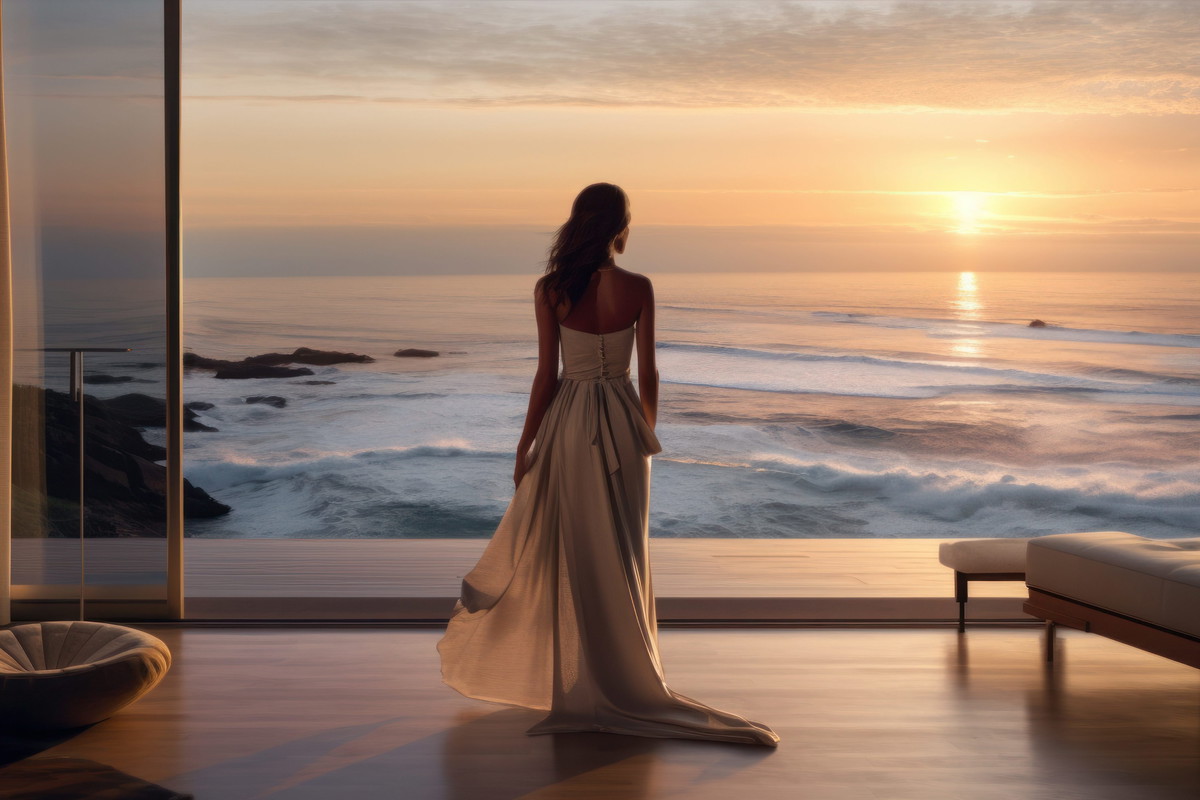 Young woman in an elegant dress in a modern living room overlooking the ocean. Concept of relaxation, enjoyment or freedom.