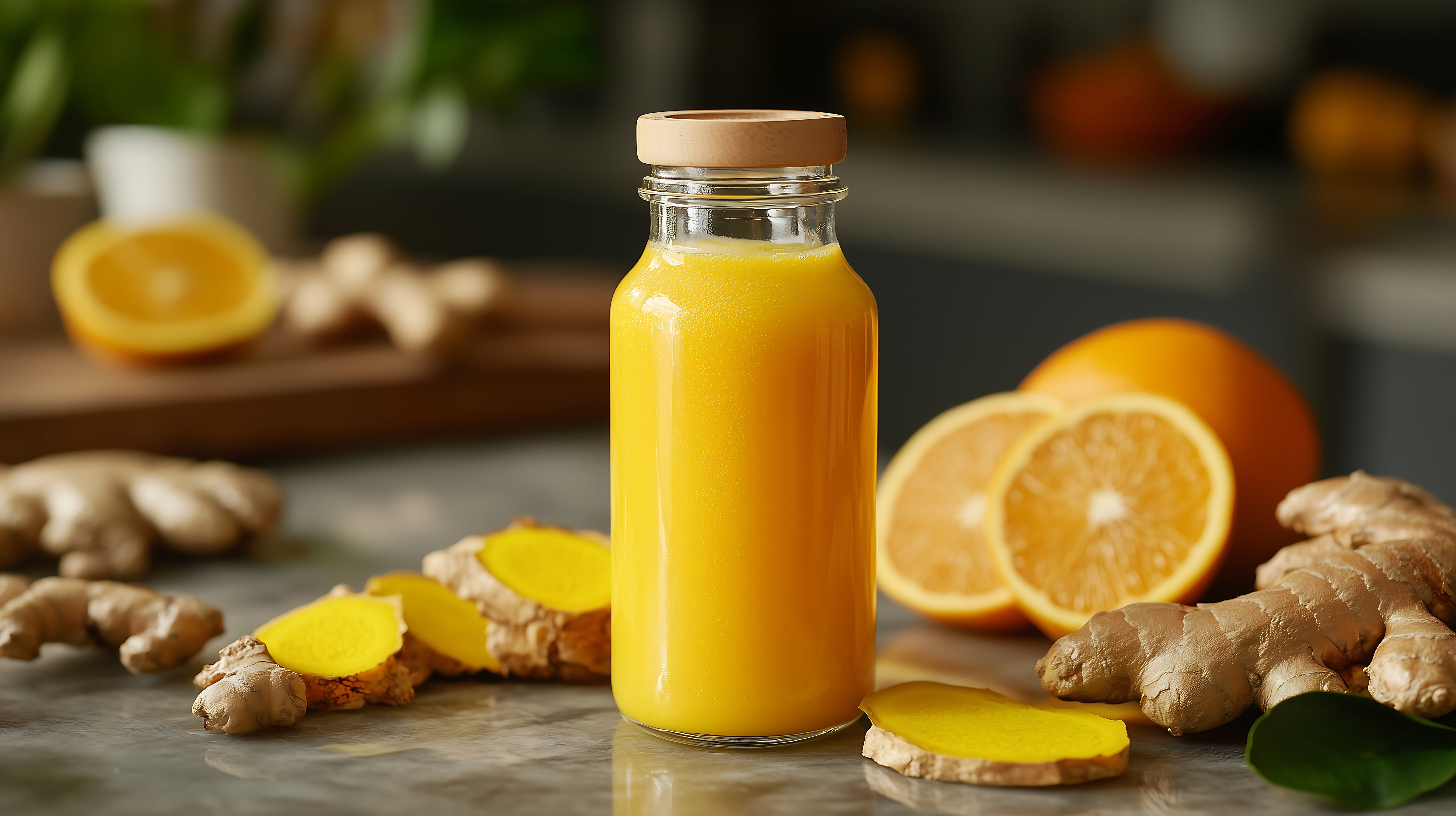 A small glass bottle filled with vibrant yellow ginger shot, surrounded by fresh ginger, turmeric roots, and sliced citrus fruits on a wooden surface