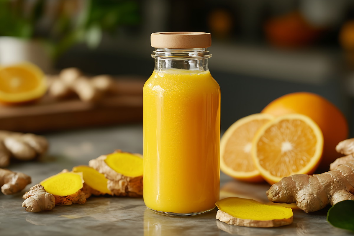 A small glass bottle filled with vibrant yellow ginger shot, surrounded by fresh ginger, turmeric roots, and sliced citrus fruits on a wooden surface