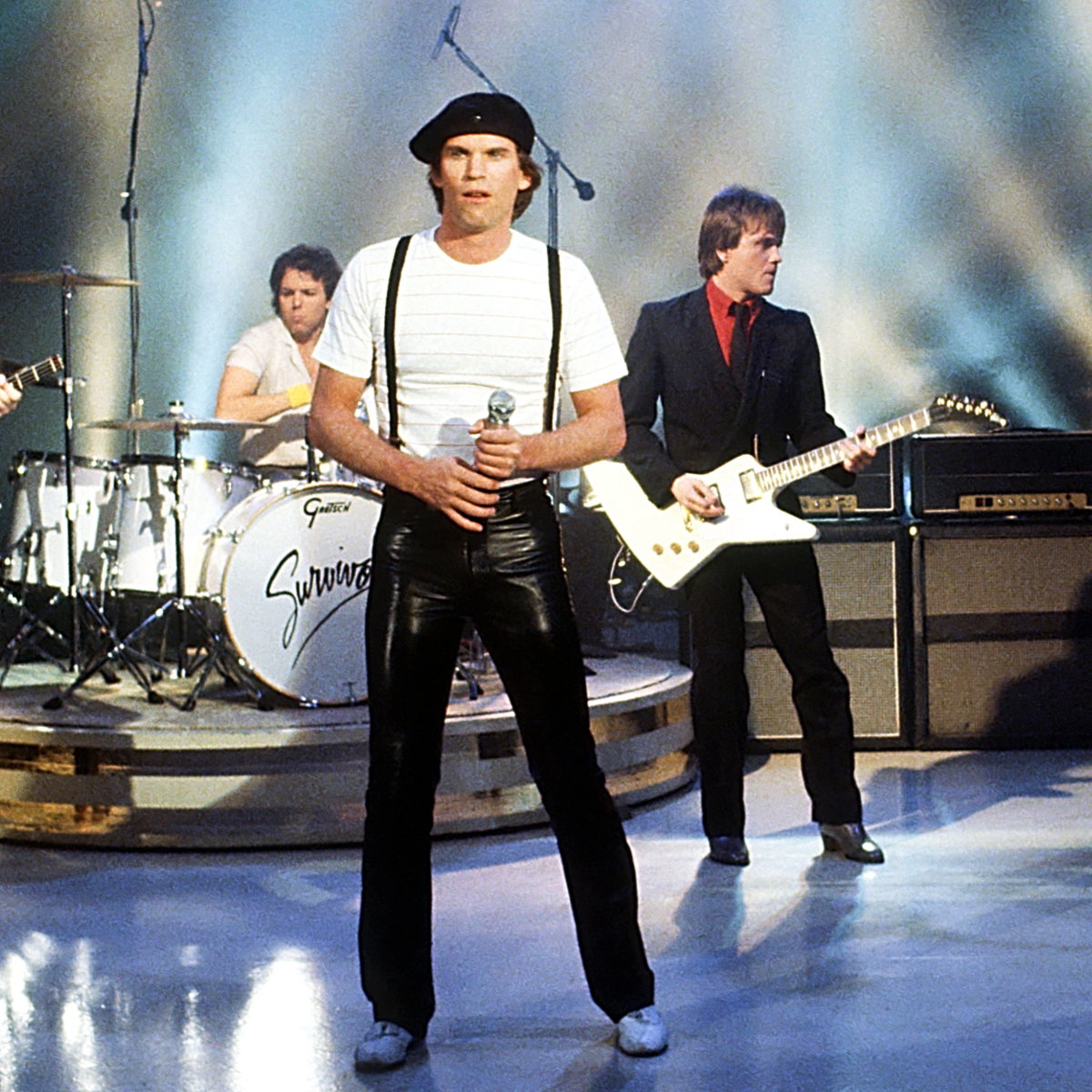 Zespół rockowy "Survivor", 1982. (L-R) Stephan Ellis (bass), Marc Droubay (drums), Dave Bickler (vocals), Frankie Sullivan (guitar), Jim Peterik (keyboards).