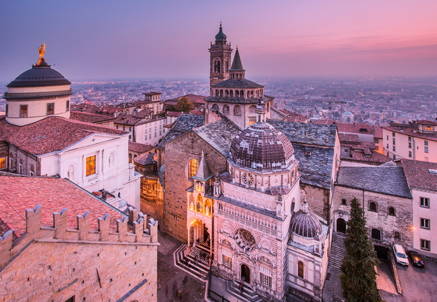 View from Campanone with Duomo to left and Cappella Colleoni/Basilica di Santa Maria Maggiore to right, Bergamo, Lombardy, Italy