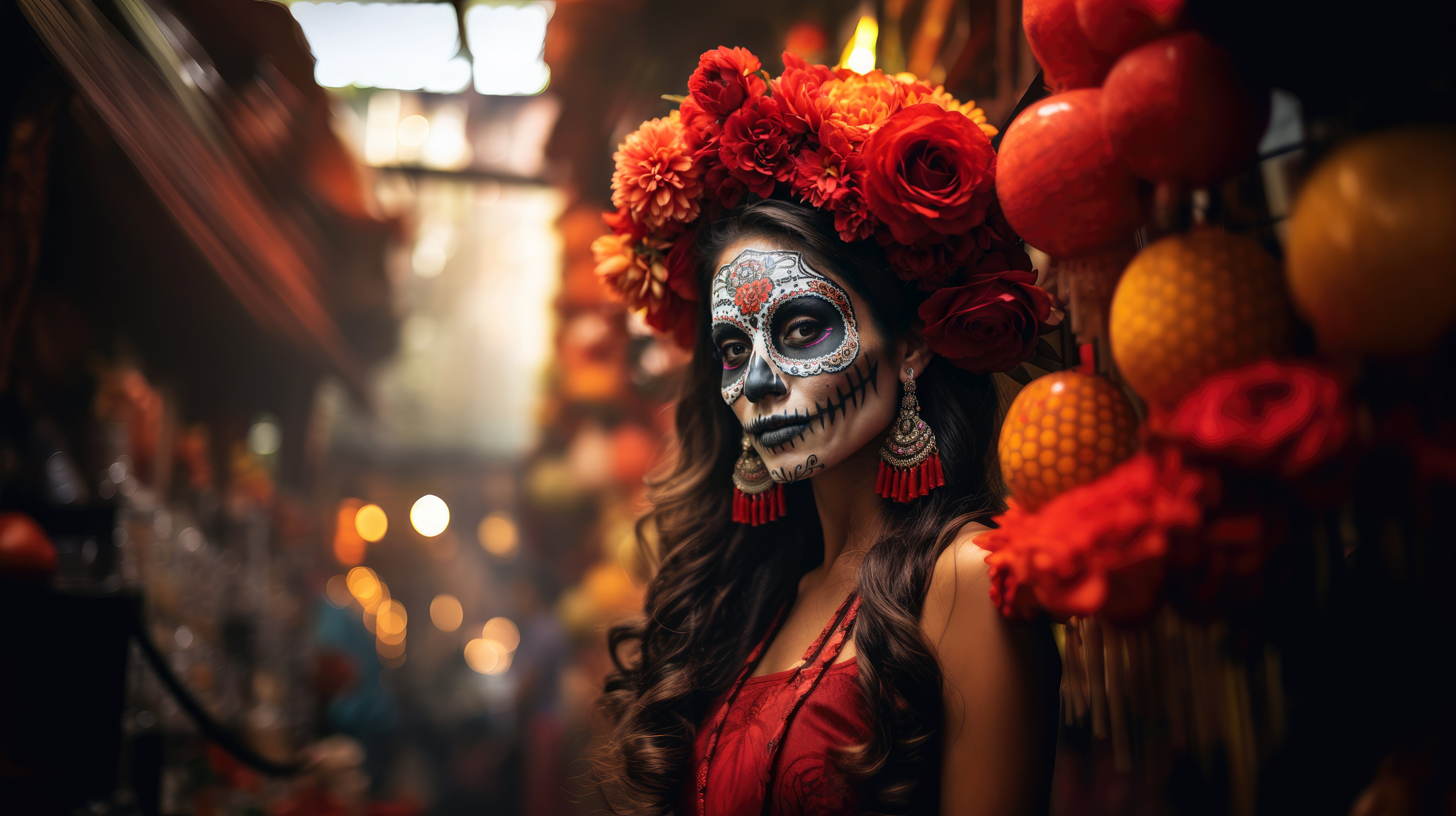 Mexican woman with day of the dead makeup, flowers and skull, mexico holiday, copyspace