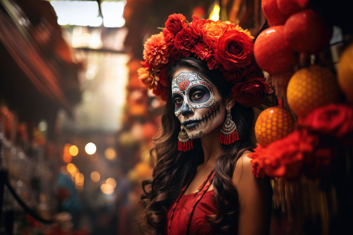 Mexican woman with day of the dead makeup, flowers and skull, mexico holiday, copyspace