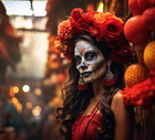 Mexican woman with day of the dead makeup, flowers and skull, mexico holiday, copyspace