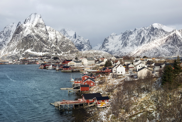 Winter landscape of small fishing port Reine on Lofoten Islands,