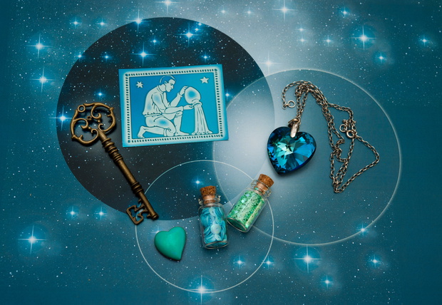 zodiac sign Aquarius with magic bottles and hearts and with star