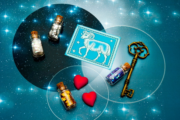 zodiac sign Aries  with magic bottles and hearts and with stars