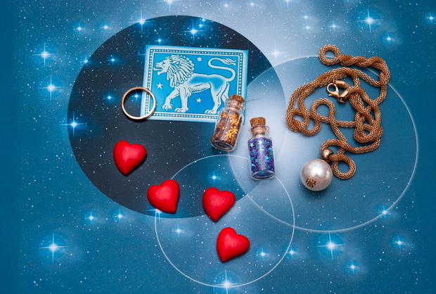 zodiac sign Leo Lion    with magic bottles and hearts and with s