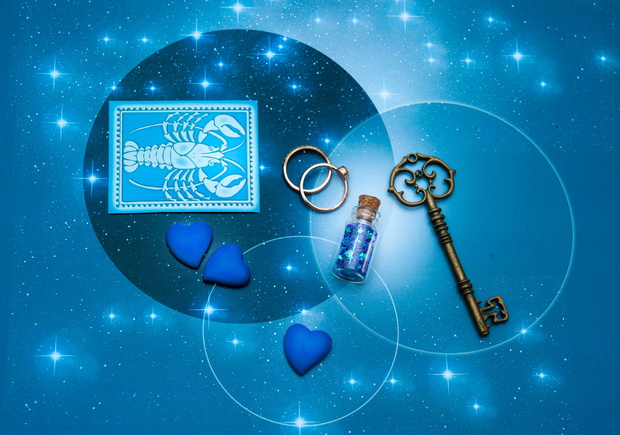 zodiac sign Cancer  with magic bottles and hearts and with stars