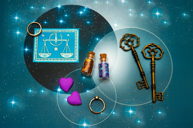 zodiac sign Libra  with magic bottles and hearts and with stars