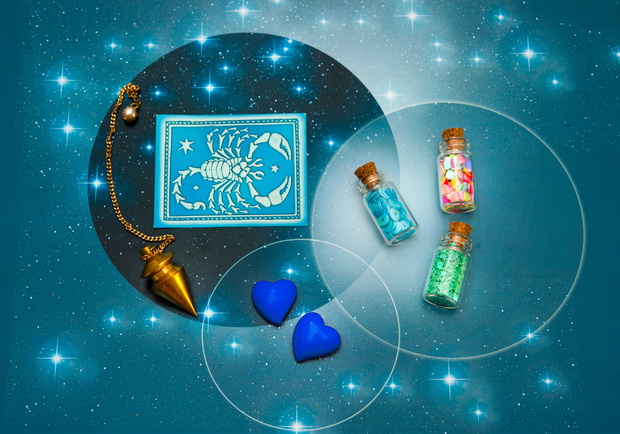 zodiac sign ScorpioScorpion with magic bottles and hearts and wi