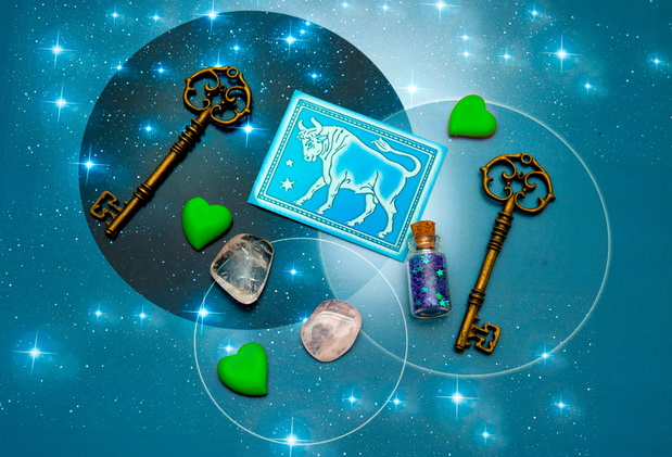 zodiac sign Taurus with magic bottles and hearts and with stars