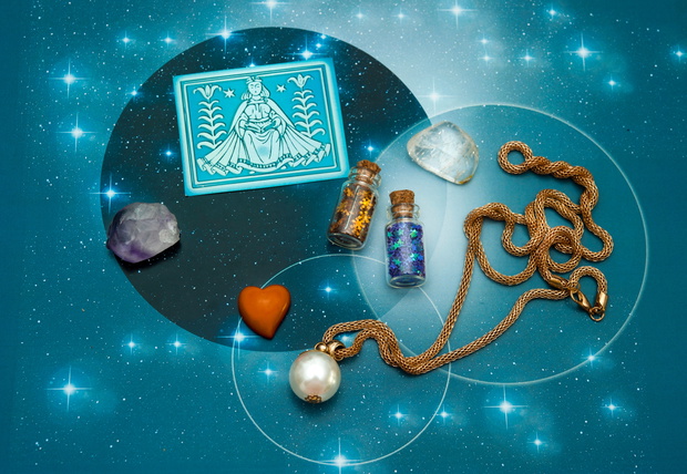 zodiac sign Virgo with magic bottles and hearts and with stars l