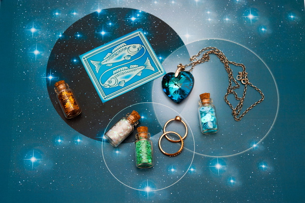 zodiac sign Pisces with magic bottles and hearts and with stars