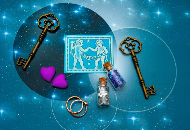 zodiac sign Gemini with magic bottles and hearts and with stars