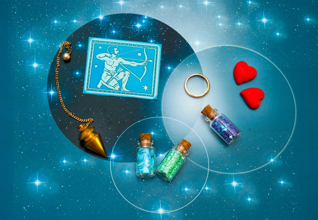 zodiac signSagittarius with magic bottles and hearts and with st