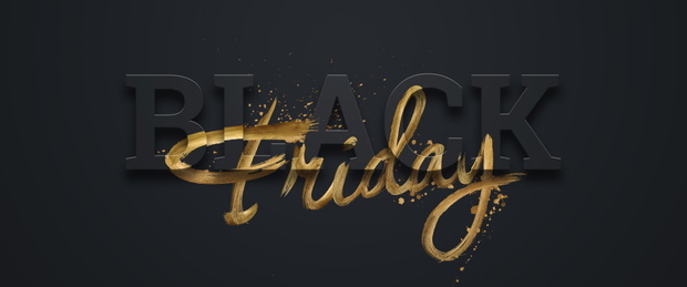 Black friday sale inscription gold letters on a black background, horizontal banner, design template. Copy space, creative background. 3D illustration, 3D design.