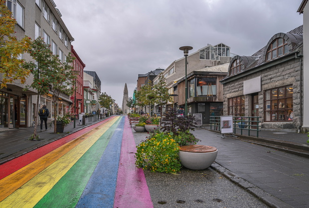 Rainbow painted street in downtown Reykjavik, Iceland