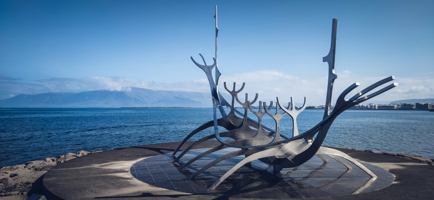 REYKIAVIK, ICELAND - Aug 27, 2021: Sculpture of the sun Voyager in Iceland