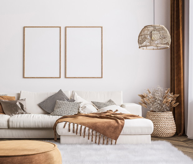 Frame mockup in bright living room design, white sofa in farmhou