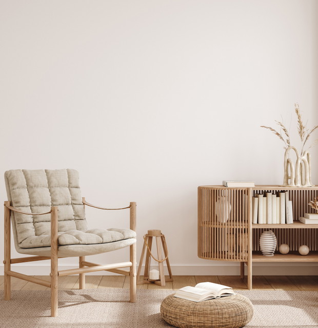 Home interior mockup, living room in pastel colors, 3d render