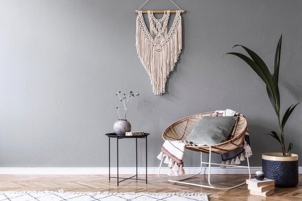 Modern boho interior design of sitting room with design rattan a