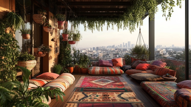 A bohemian-style rooftop terrace with colorful rugs, cushions, and hanging plants, with an expansive city view