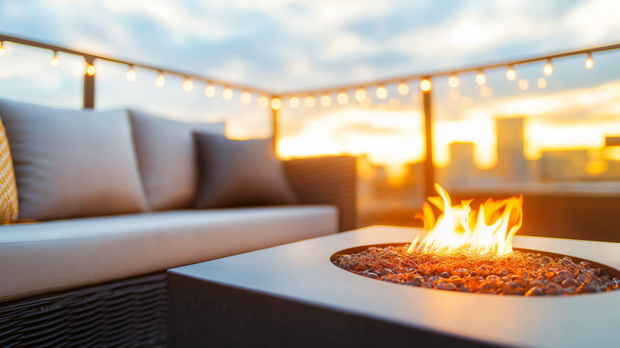 Cozy outdoor patio featuring modern furniture and fire pit, illuminated by string lights at sunset, creating warm and inviting atmosphere