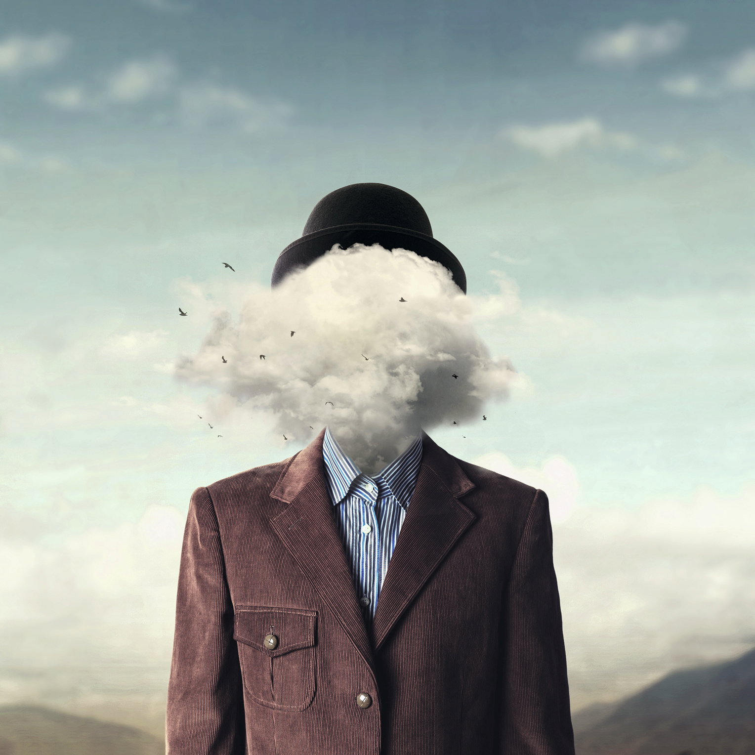 surreal concept head in the clouds