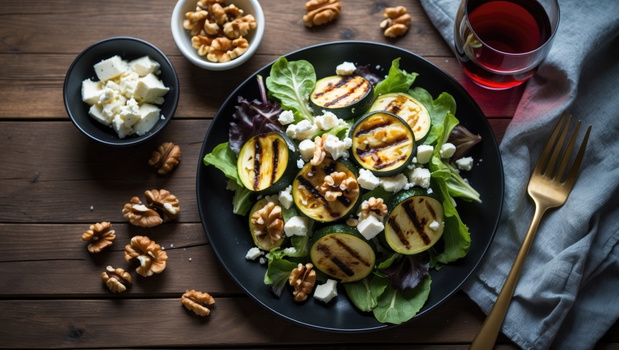 Grilled zucchini salad featuring feta cheese, walnut nuts, and a glass of red wine served on a black plate atop a wooden table.