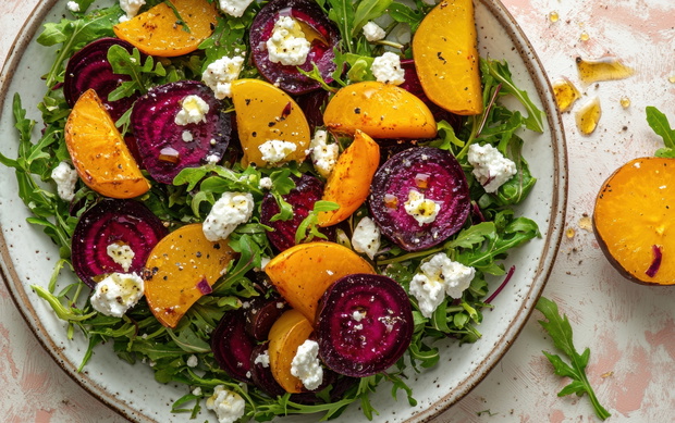 Roasted beet and goat cheese salad on a pastel background