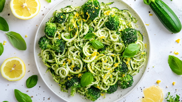 Broccoli and lemon zoodle salad, placed on a white marble plate, surrounded by lemon zest, zucchini noodles, and fresh basil leaves