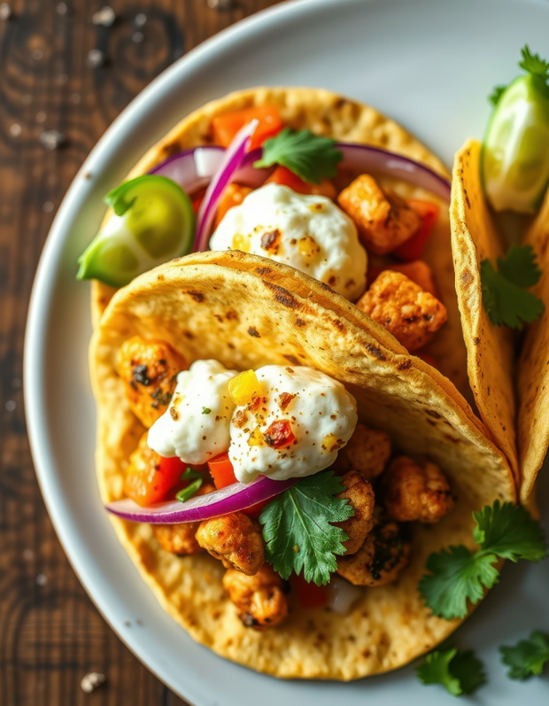 Delicious chicken tacos with red onion, cilantro, and creamy yogurt topping await