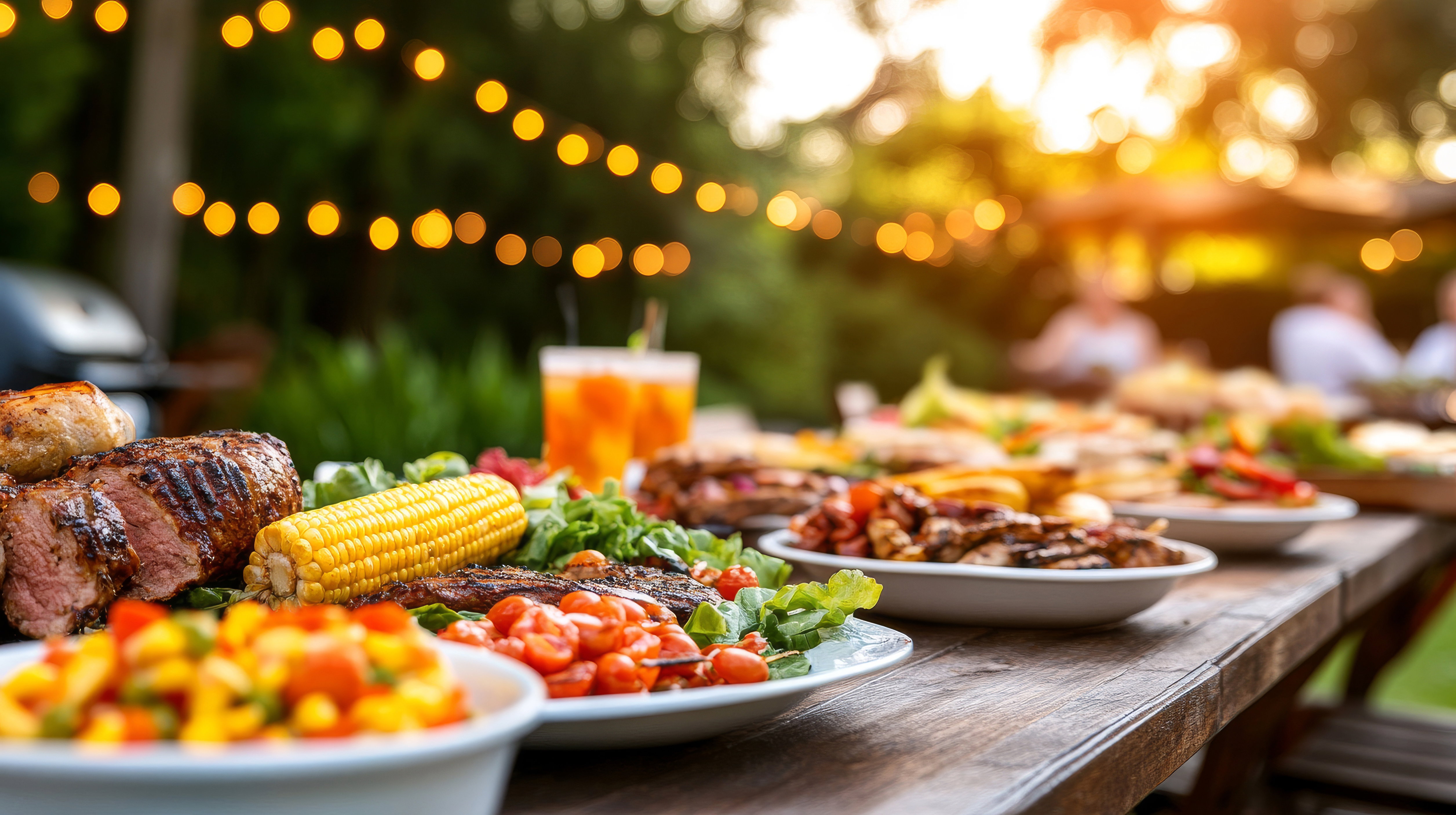 Grilled meats, corn on the cob, and colorful salads create a vibrant summer barbecue feast on a decorated outdoor table