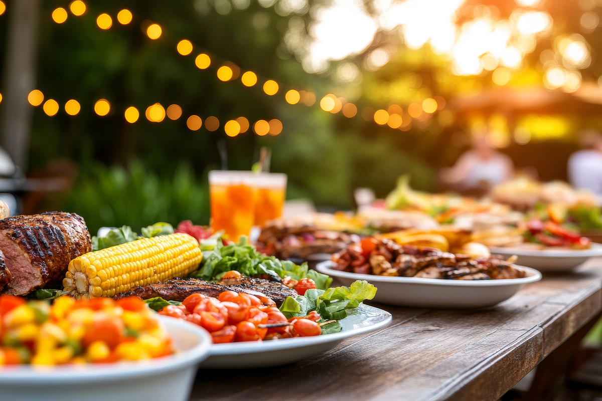 Grilled meats, corn on the cob, and colorful salads create a vibrant summer barbecue feast on a decorated outdoor table