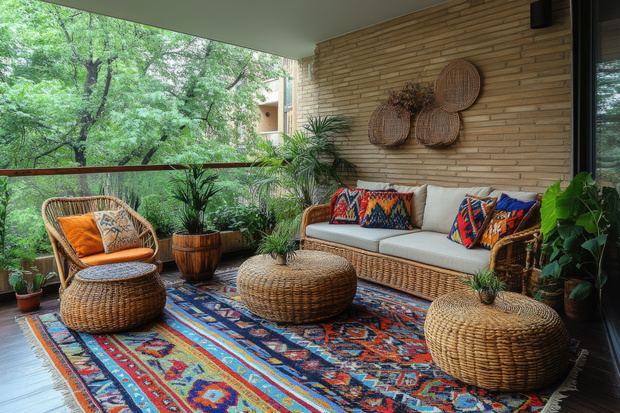 Modern chic balcony design featuring lush greenery and vibrant tile