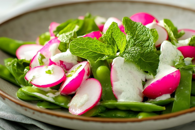 A refreshing snap pea and radish salad with a minty yogurt dressing, perfect for a light lunch.